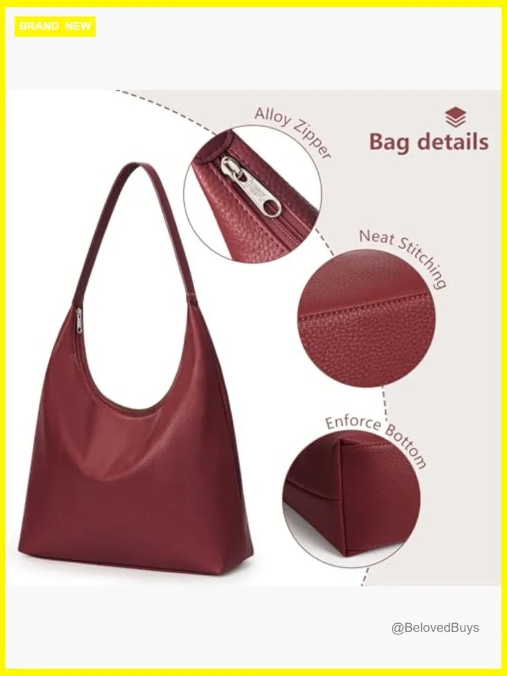 Large Capacity Vegan Leather Hobo Tote Bag with Zipper, Work Shoulder Bag for